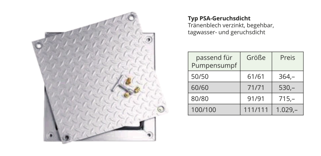 Preistabelle Abdeckung Pumpensumpf PSA-geruchsdicht 2026