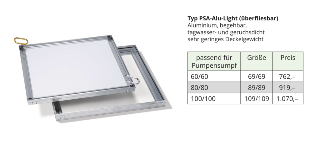 Preistabelle Abdeckung Pumpensumpf PSA-Alu light 2026